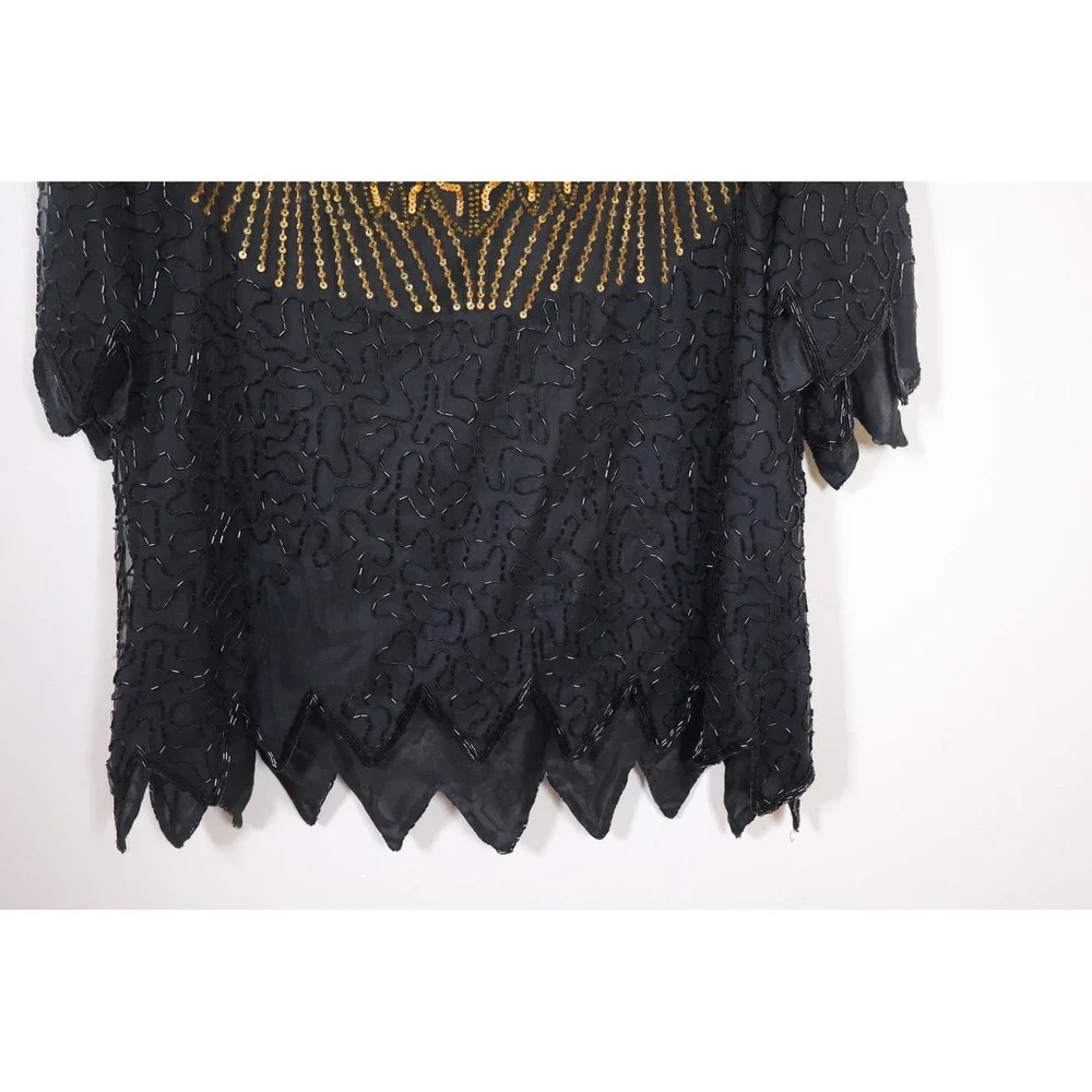 Laurence Kazar Blouse Black Gold Sequin Vintage Glam‎